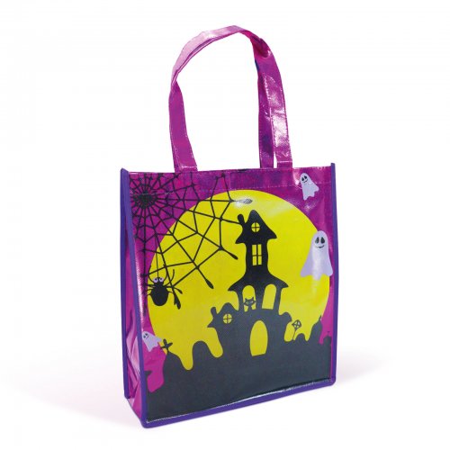 Halloweenská dárková taška – hrad – 30 x 33 cm – fialová