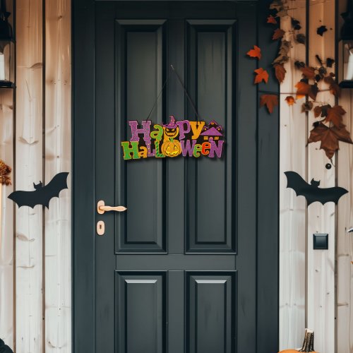 Halloweenová dekorace - "Veselý Halloween" - závěsná - 42,5 x 18 cm