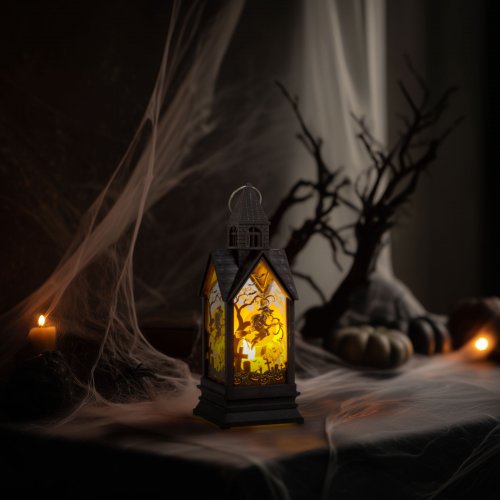 Halloweenská svítící dekorace – čarodějnice – žlutá LED – 17,5 x 6,3 x 6,3 cm – 3 x LR44