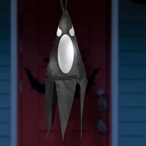Halloween osvětlená dekorace – duch – černá – 10 barevných LED – zavěsitelná – 2 x 2032 – 75x20 cm