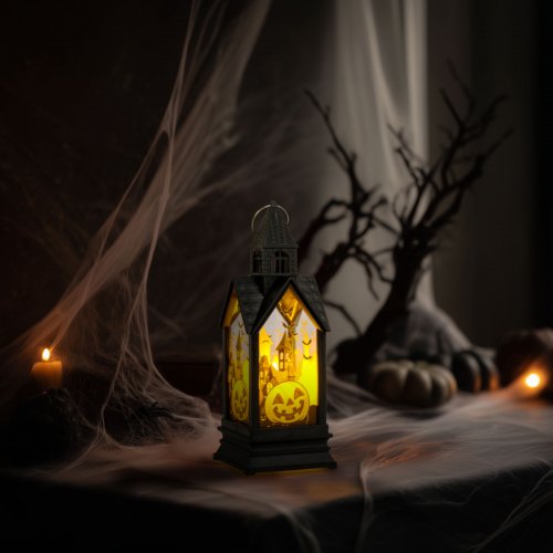 Halloweenová světelná dekorace – dýně – žlutá LED – 17,5 x 6,3 x 6,3 cm – 3 x LR44