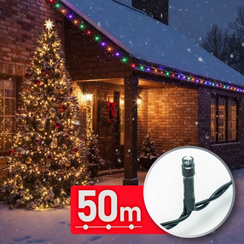 Světelný řetěz - 50 m - barevný - 1000 LED - 220-240V - 9W - zelený kabel