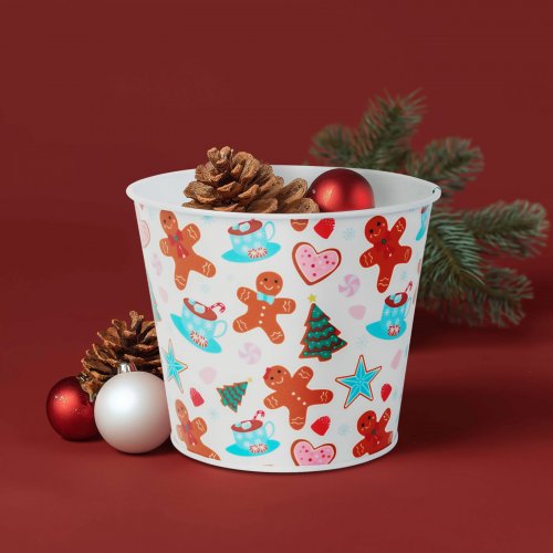 Vánoční dekorace - kovový květináč, kyblík - perníček - 13 x 11 cm