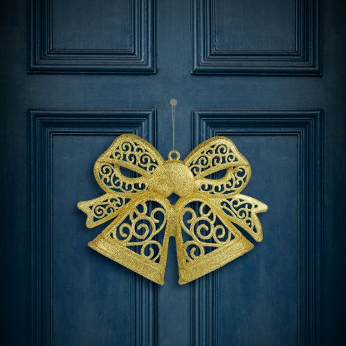 Vánoční dekorace, mašle, závěsná, s třpytkami, zlatá, 35 cm