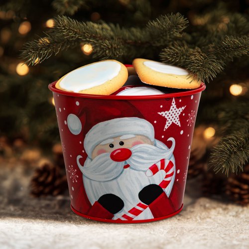 Vánoční dekorace - kovový květináč, kyblík - Santa - 13 x 11 cm