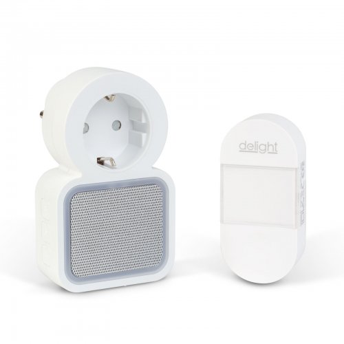 Digitální bezbateriový a bezdrátový zvonek – Kinetický – do zásuvky 220–240V AC – bílý – modrá LED