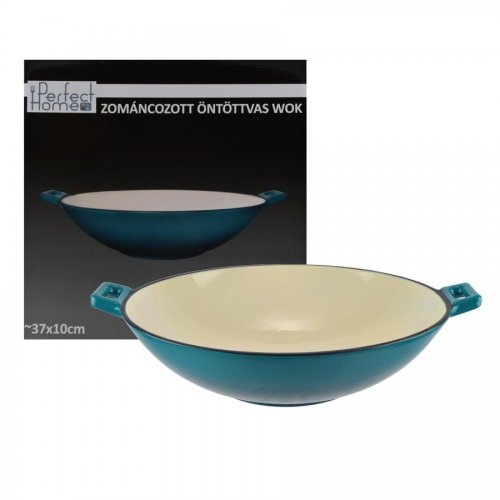 Smaragdově modrý smaltovaný litinový wok 37 cm