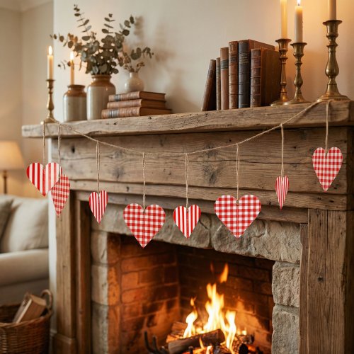 Girlanda - papír - červená kostkovaná srdce - 2 m