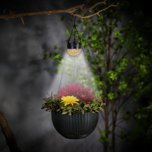 Závěsná LED solární lampa – květináč – černá – plast – 26 x 16 cm