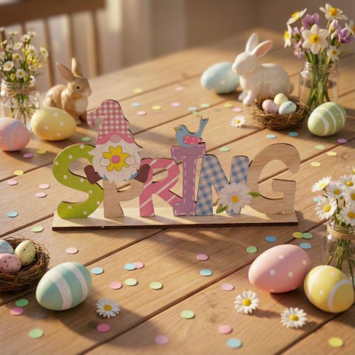 Jarní ležící stolní dekorace ze dřeva – s skřítkem