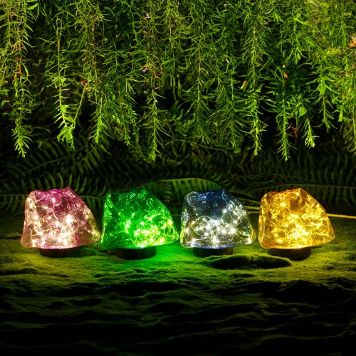 Zápichová solární lampa – tvar kamene – barevná – 140 x 120 x 120 mm – teplá bílá LED