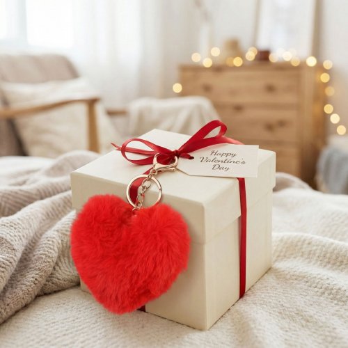 Přívěsek na klíče – ve tvaru srdce – plyšový, červený – 13 x 10 cm
