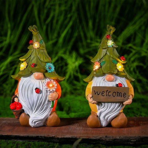 LED solární skřítek – 2 typy – teplá bílá LED – pryskyřice – 10 x 8,5 x 18,5 cm