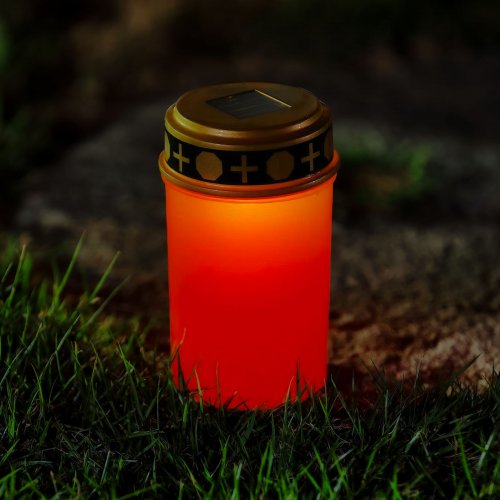 Zápichová solární svíčka – blikající teplá bílá LED – 7,3 x 20,5 cm – červená / bílá