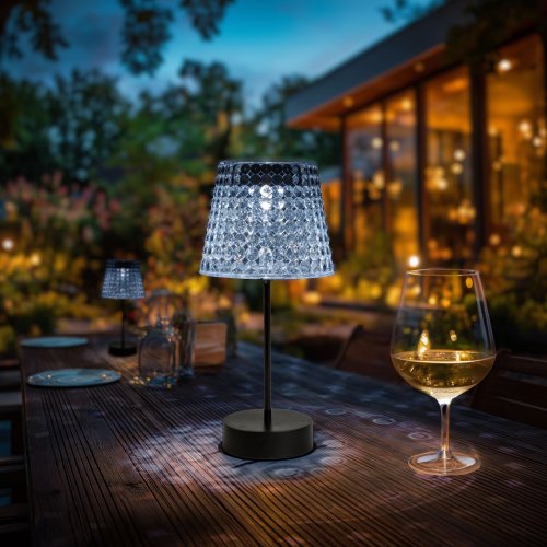 Solární stolní lampa – průhledná – studená bílá LED – plast – 26 x 12 cm