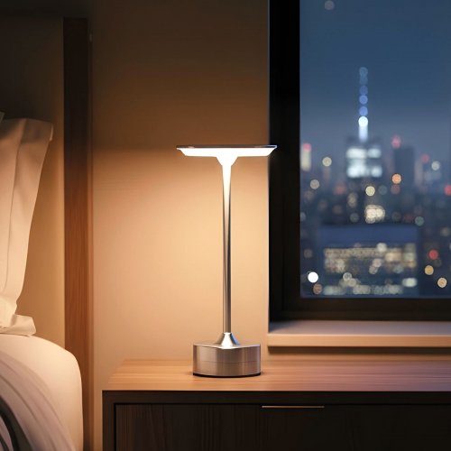 Stolní lampa – stříbrný kov – nastavitelná barevná teplota, jas – akumulátorová – USB