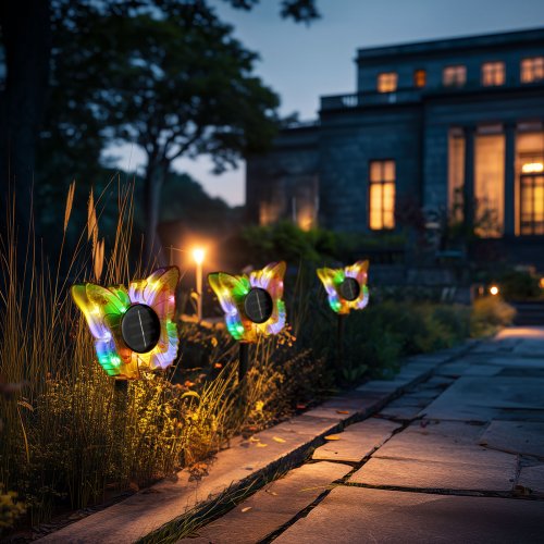 Zápichová solární lampa – motýl – žlutý – 13 x 6,5 x 35 cm – teplá bílá + barevné LED