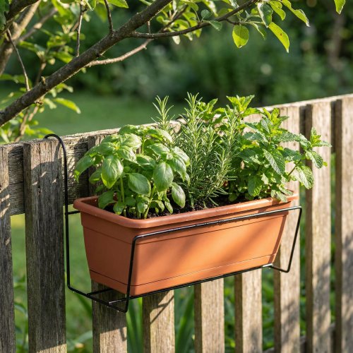 Držák na truhlík - kovový, černý - na zábradlí - 40 x 22 cm