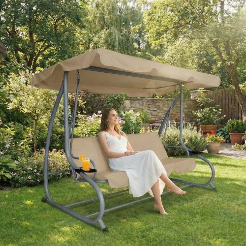 Zahradní houpačka – 200 x 120 x 164 cm – tmavě béžová – s držákem na pohár