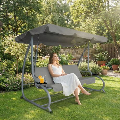 Zahradní houpačka – 200 x 120 x 164 cm – šedá – s držákem na pohár