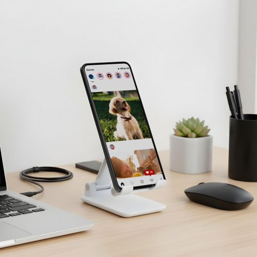 Stolní držák na telefon – nastavitelný, skládací – 111 × 66 × 27 mm – bílý
