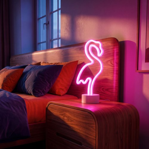 Neonová LED lampa – růžový plameňák – 3 x AA + USB – 12 x 8,5 x 29,5 cm