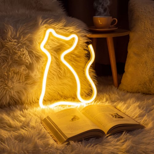 Neonová LED lampa - teplá bílá kočka - 3 x AA + USB - 17 x 1,6 x 23,3 cm