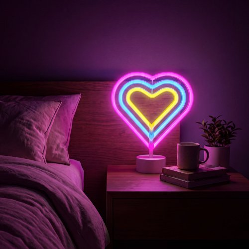 Neonová LED lampa – barevné srdce – 3 x AA + USB – 25,2 x 1,6 x 23 cm