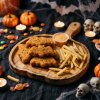 Halloweenský servírovací/podávací talíř s rukojetí – dřevěný – motiv dýně – 26,5 x 20 x 1,5 cm