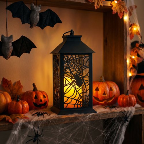 Halloweenová blikající lucerna – pavouk – na baterie – černá – 30 x 14 cm