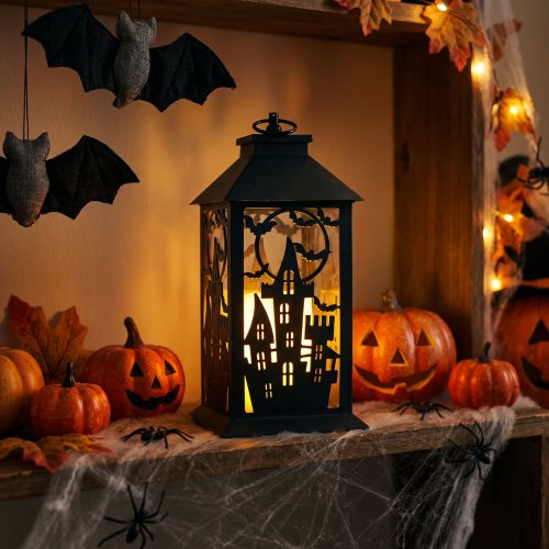 Halloweenová blikající lucerna - hrad - na baterie - černá - 30 x 14 cm