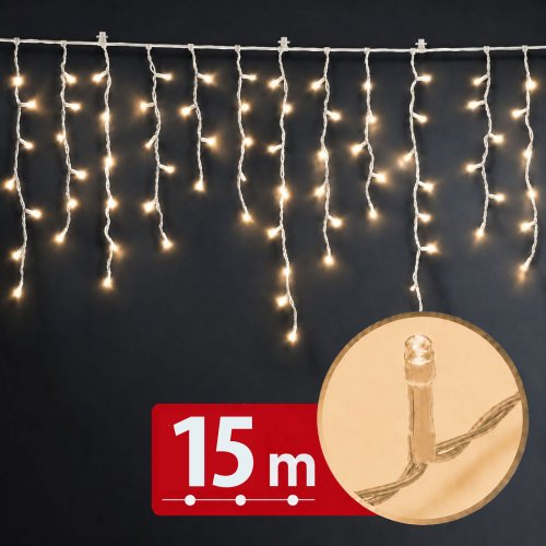 Světelný závěs – 15 m – teplá bílá – 600 LED – 100–240 V – 6 W – průhledný kabel