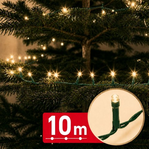 Světelný řetěz – 10 m – teplá bílá – 200 LED – 100–240 V – 6 W – zelený kabel
