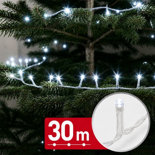 Svetelný řetěz – 30 m – studená bílá – 600 LED – 220–240 V – 6 W – průhledný kabel
