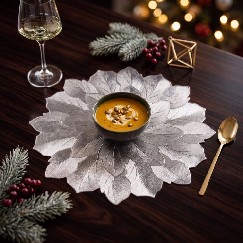 Prostírání – stříbrné – metalický efekt – květ – PVC – 38 cm