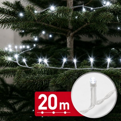 Svetelný řetěz – 20 m – studená bílá – 400 LED – 220–240 V – 6 W – průhledný kabel