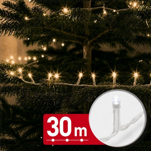Světelný řetěz – 30 m – teplá bílá – 600 LED – 220–240 V – 6 W – průhledný kabel