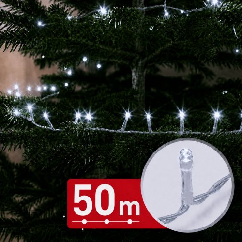 Svetelný řetěz – 50 m – studená bílá – 1000 LED – 220–240 V – 9 W – průhledný kabel