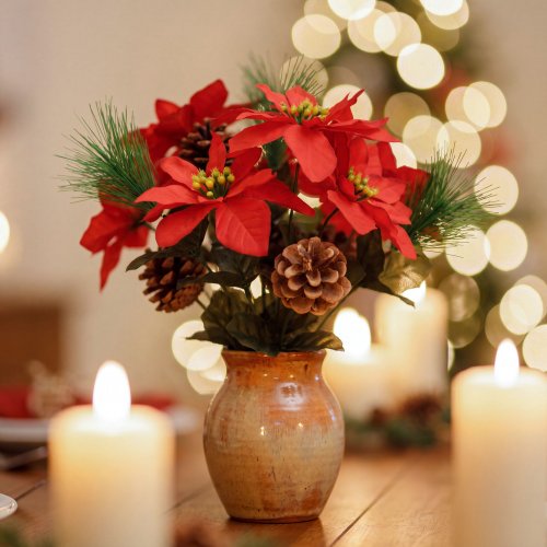 Dekorace poinsettia – se 3 květy a šiškou – tmavě červená – 34 cm