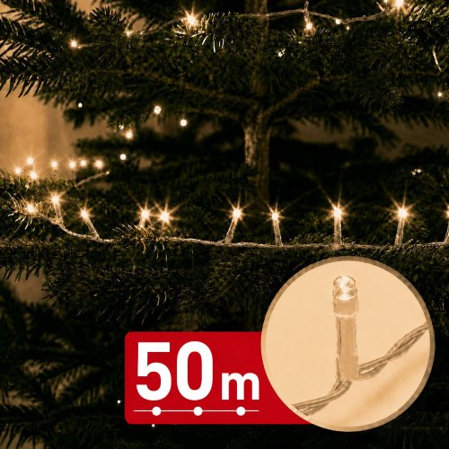 Světelný řetěz – 50 m – teplá bílá – 1000 LED – 220–240 V – 9 W – průhledný kabel