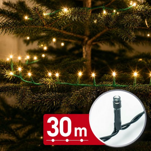Světelný řetěz – 30 m – teplá bílá – 600 LED – 220–240 V – 6 W – zelený kabel
