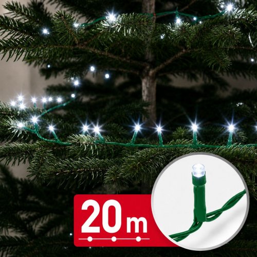 Světelný řetěz – 20 m – studená bílá – 400 LED – 100–240 V – 6 W – zelený kabel