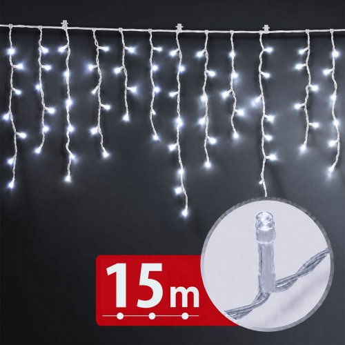 Světelný závěs – 15 m – studená bílá – 600 LED – 100–240 V – 6 W – průhledný kabel