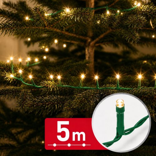 Světelný řetěz – 5 m – teplá bílá – 100 LED – 100–240 V – 6 W – zelený kabel