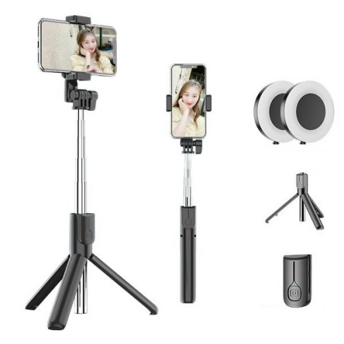 Selfie tyč a stativ se 2 kruhovými zrcadlovými LED světly 3v1