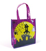 Halloweenská dárková taška – hrad – 30 x 33 cm – fialová
