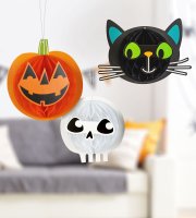 Halloweenská dekorace – sada lampionů – dýně, kočka, lebka – papír – 20 cm – 3 ks / balení