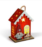 Vánoční LED dekorace – domeček se skřítkem – teplá bílá LED, červená – 7,5 x 5 x 10 cm – 2 druhy