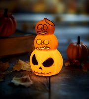 Halloweenská světelná dekorace - dýně - teplá bílá LED - 12 x 7,5 cm - 3 x LR1130