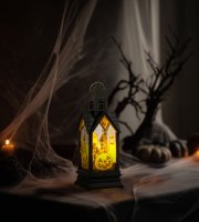 Halloweenová světelná dekorace – dýně – žlutá LED – 17,5 x 6,3 x 6,3 cm – 3 x LR44